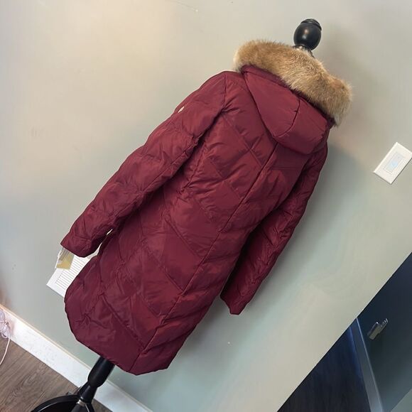 Michael Kors Chevron Faux Fur Trim Hooded Down Puffer Coat Dark Brandy - Picture 2 of 8